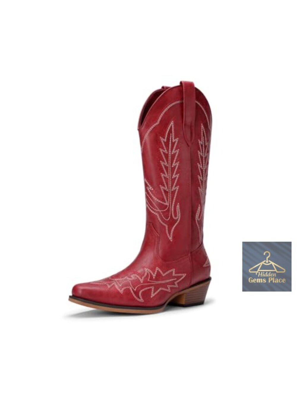 Faux Leather Mid Calf Cowboy Boots with Embroidery, Block Heel, Slip-On